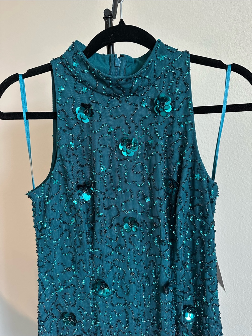 Adrianna Papell Teal Beaded & Sequin Floral High Neck Top